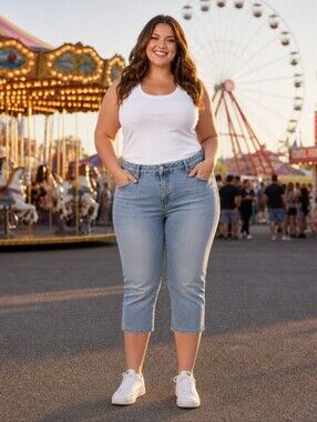 Avenue Rhinestone Capri Jeans 1X/2X — Plus Size Stretch Denim, Bling Pockets